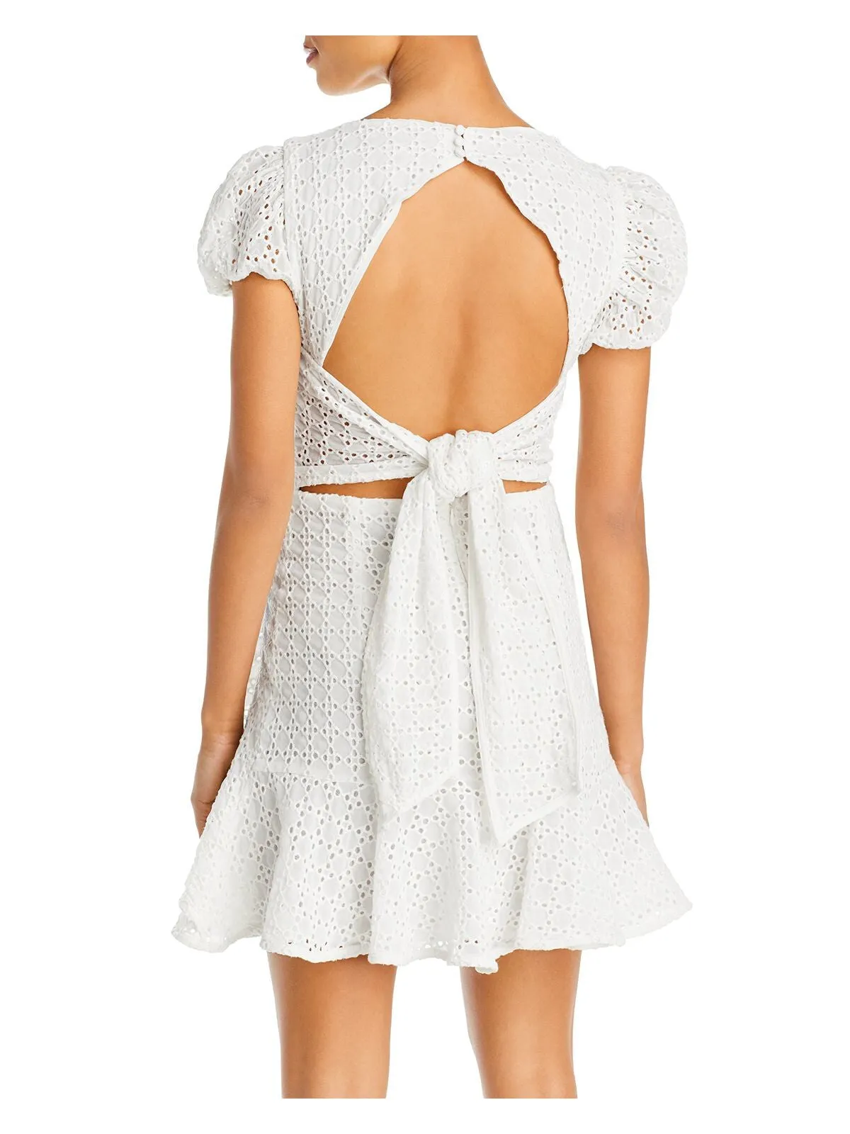 BARDOT Womens Ivory Zippered Ruffled Cutout Tie-back Eyelet Pouf Sleeve Surplice Neckline Short Party Fit   Flare Dress