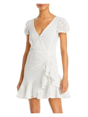 BARDOT Womens Ivory Zippered Ruffled Cutout Tie-back Eyelet Pouf Sleeve Surplice Neckline Short Party Fit   Flare Dress
