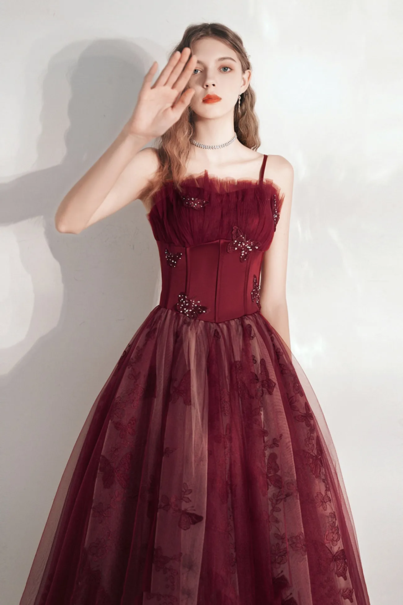 Burgundy Spaghetti Strap Tulle Long Prom Dress