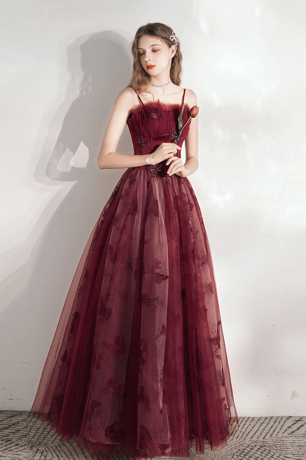 Burgundy Spaghetti Strap Tulle Long Prom Dress
