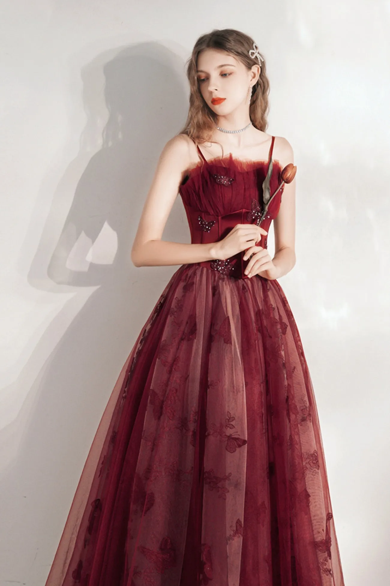 Burgundy Spaghetti Strap Tulle Long Prom Dress