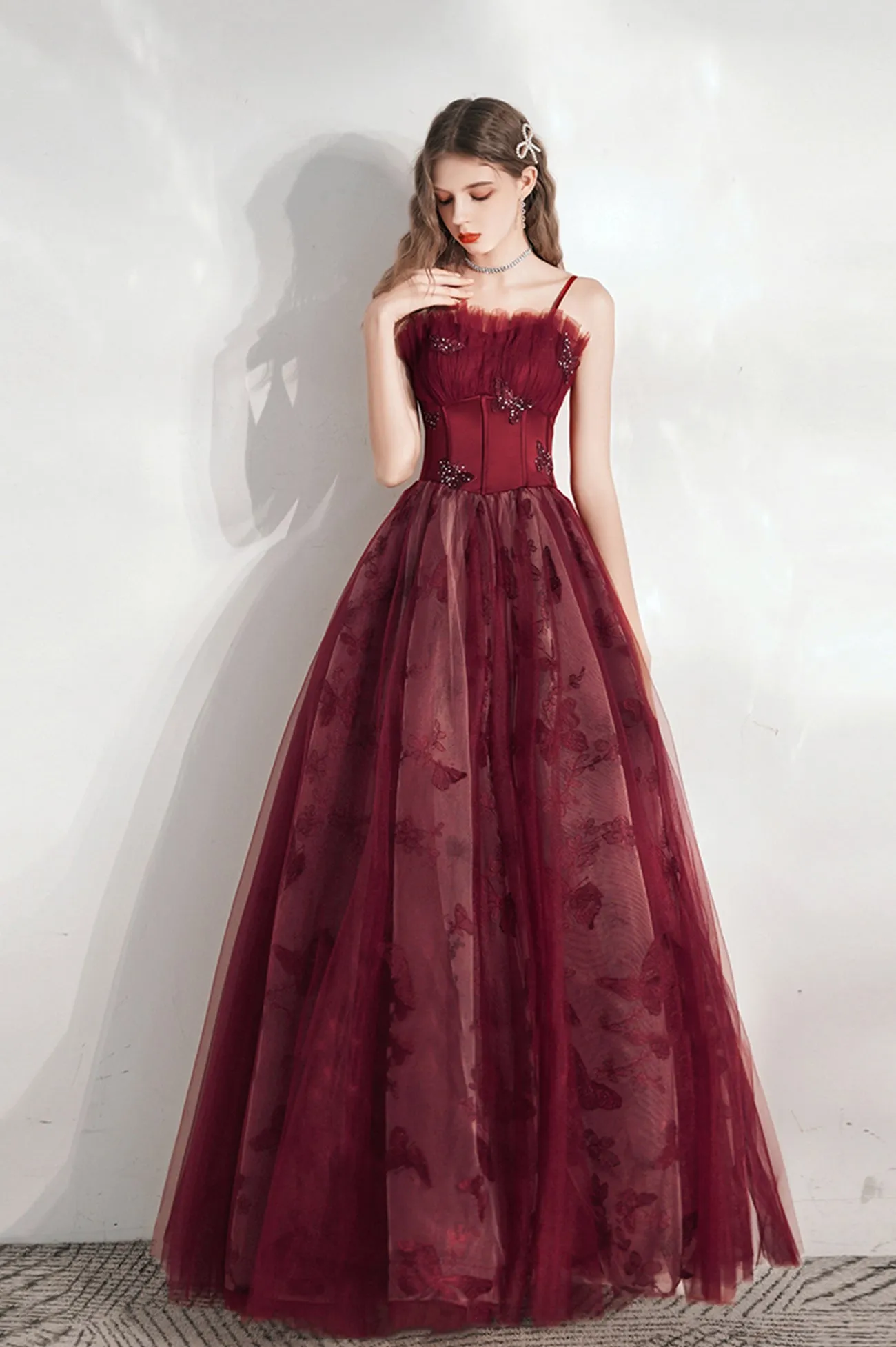 Burgundy Spaghetti Strap Tulle Long Prom Dress