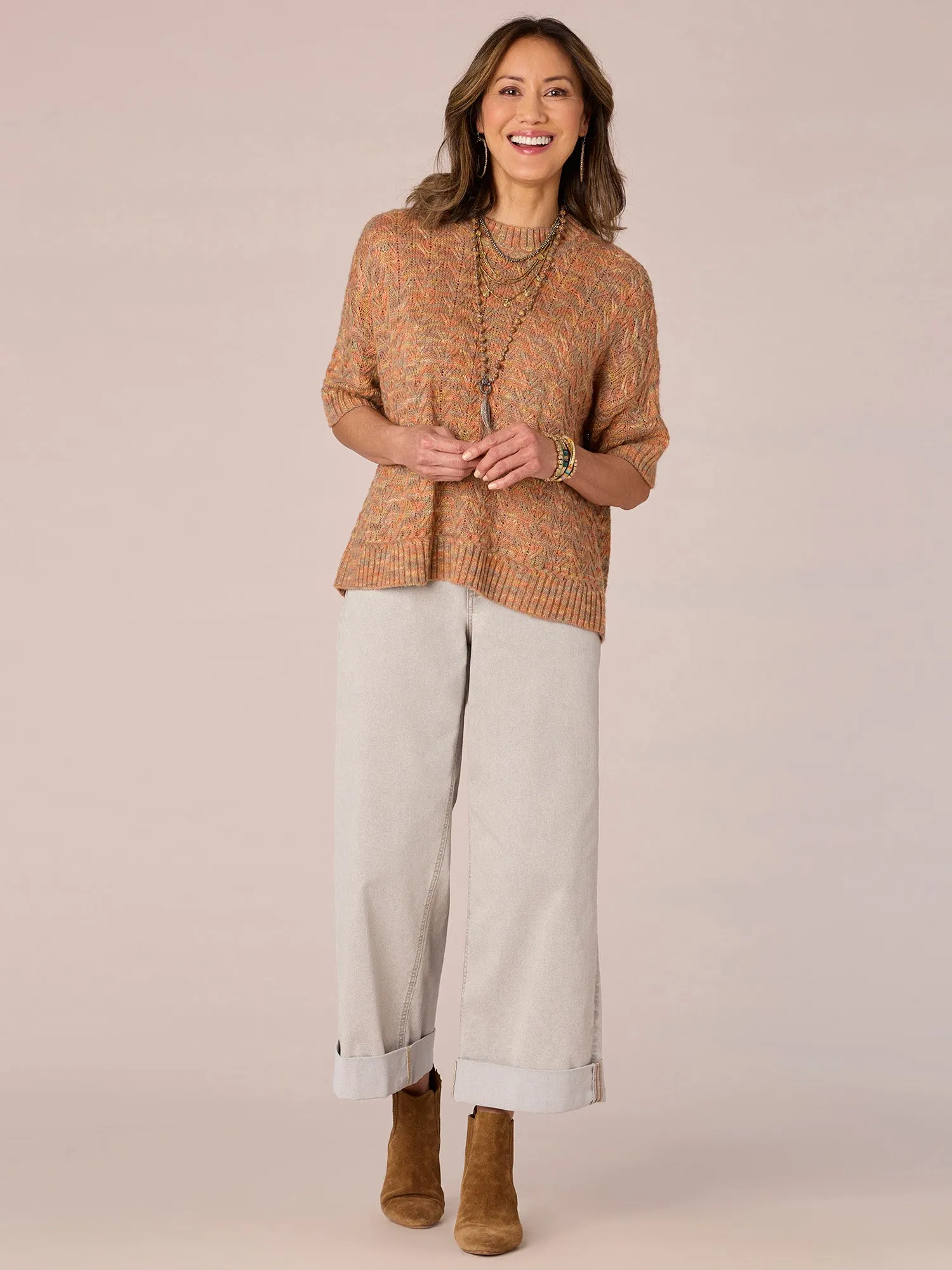 Elbow Dolman Sleeve Round Neck Space Dye Sweater