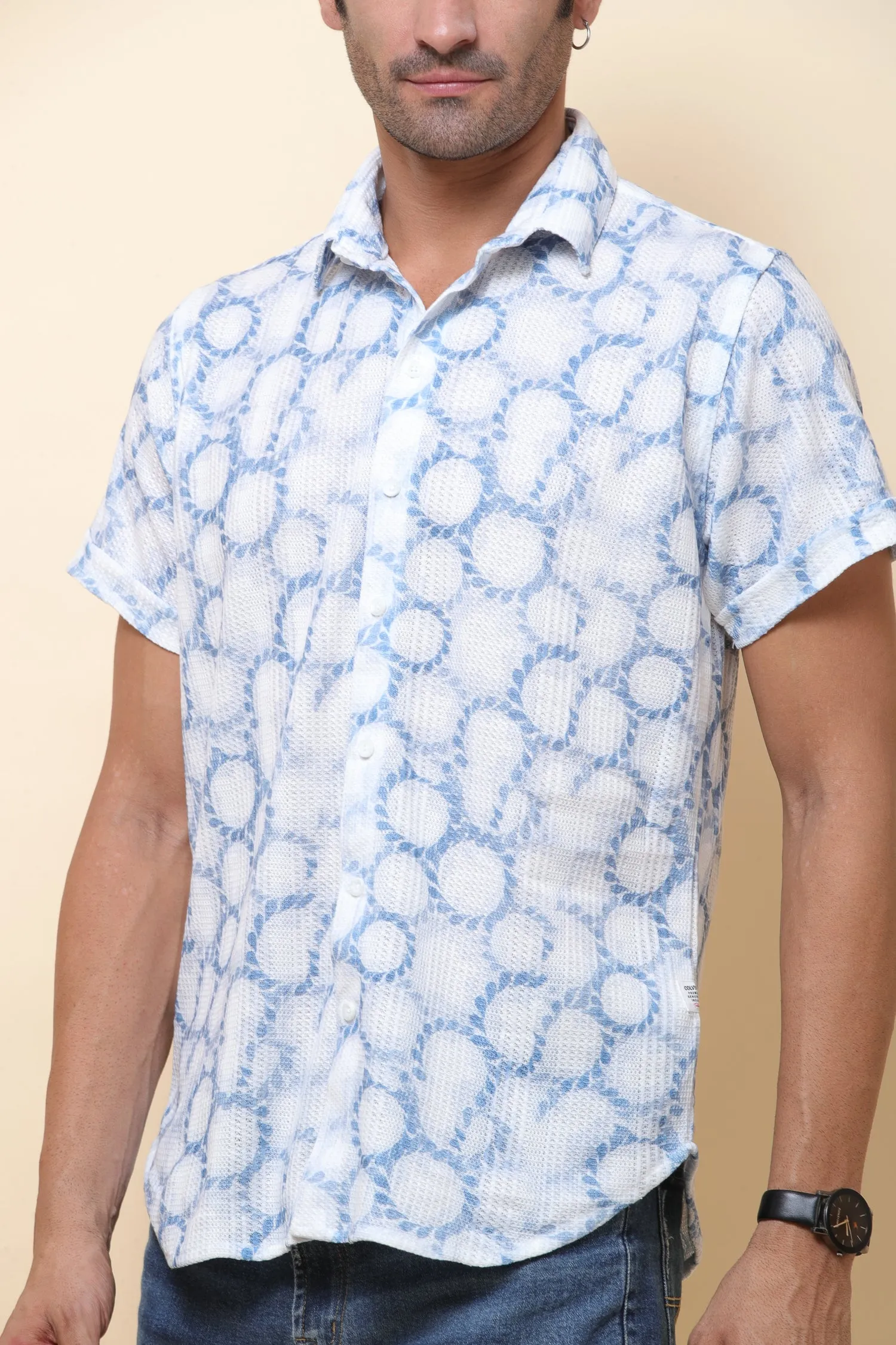 Mash Imported Knitting White & Blue Half Sleeve Shirt for Men