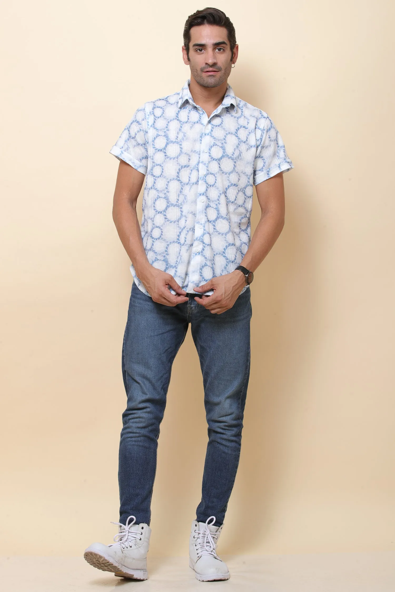 Mash Imported Knitting White & Blue Half Sleeve Shirt for Men