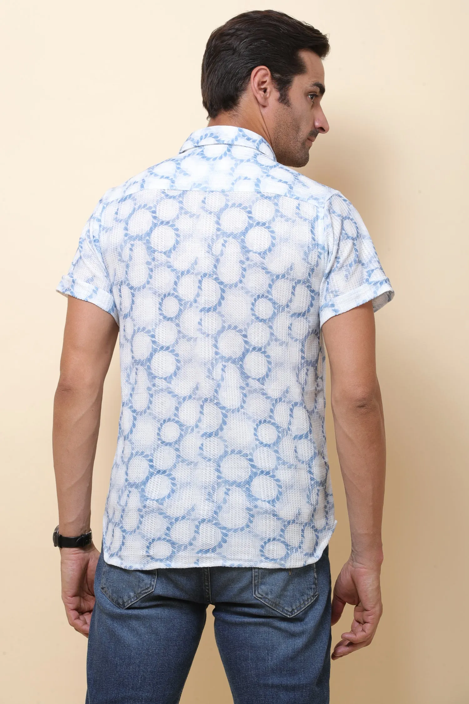 Mash Imported Knitting White & Blue Half Sleeve Shirt for Men