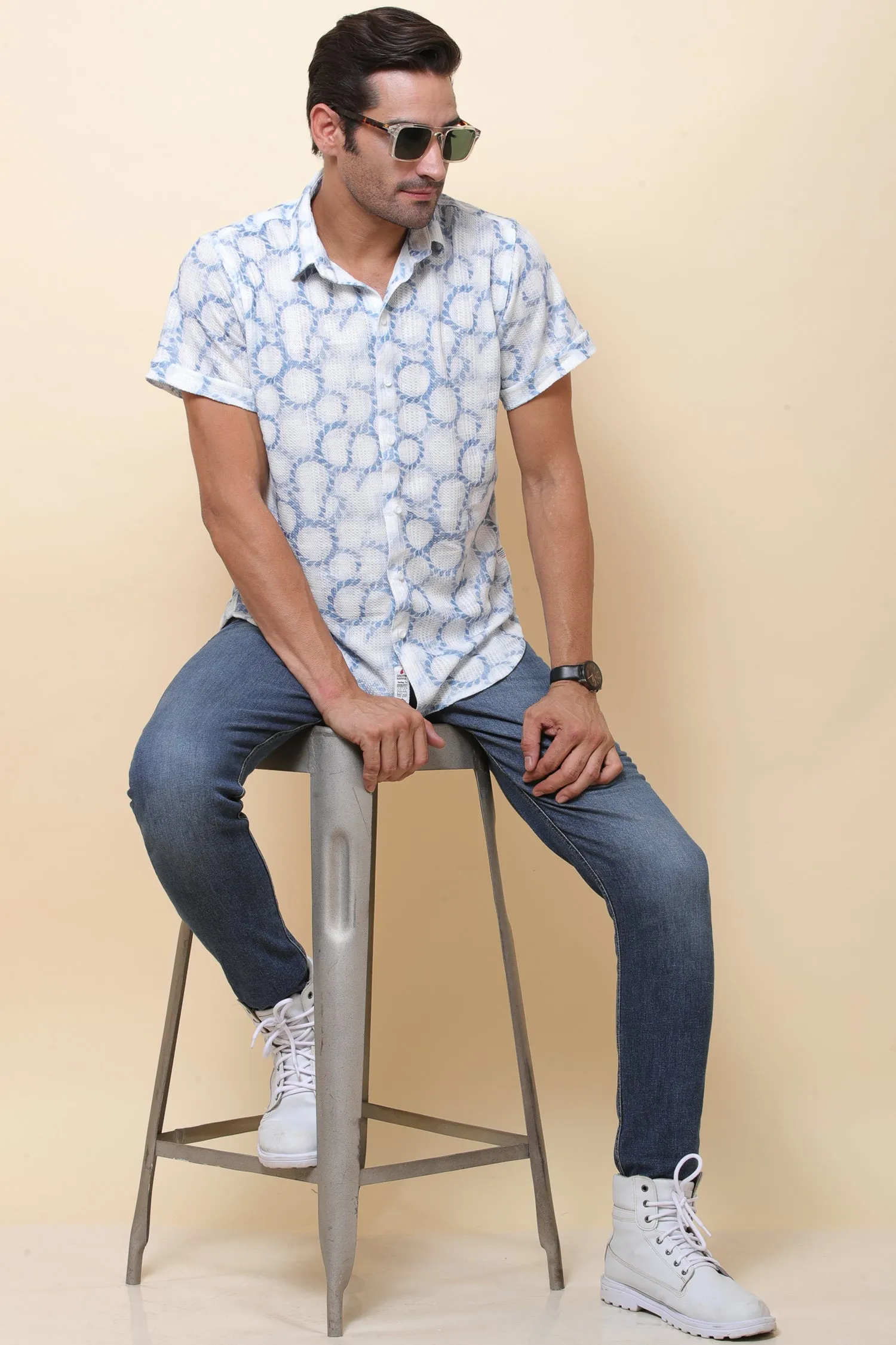Mash Imported Knitting White & Blue Half Sleeve Shirt for Men