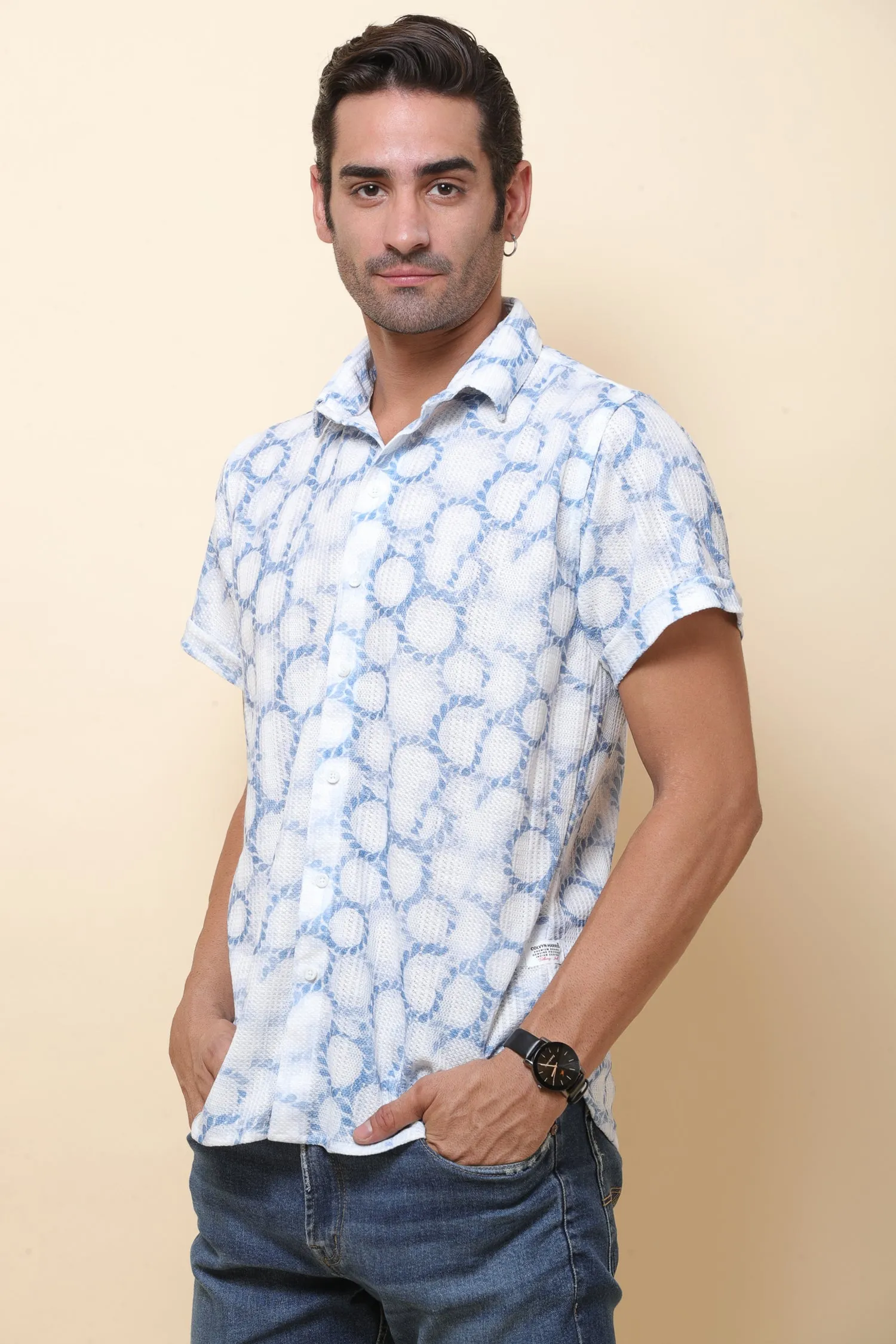Mash Imported Knitting White & Blue Half Sleeve Shirt for Men