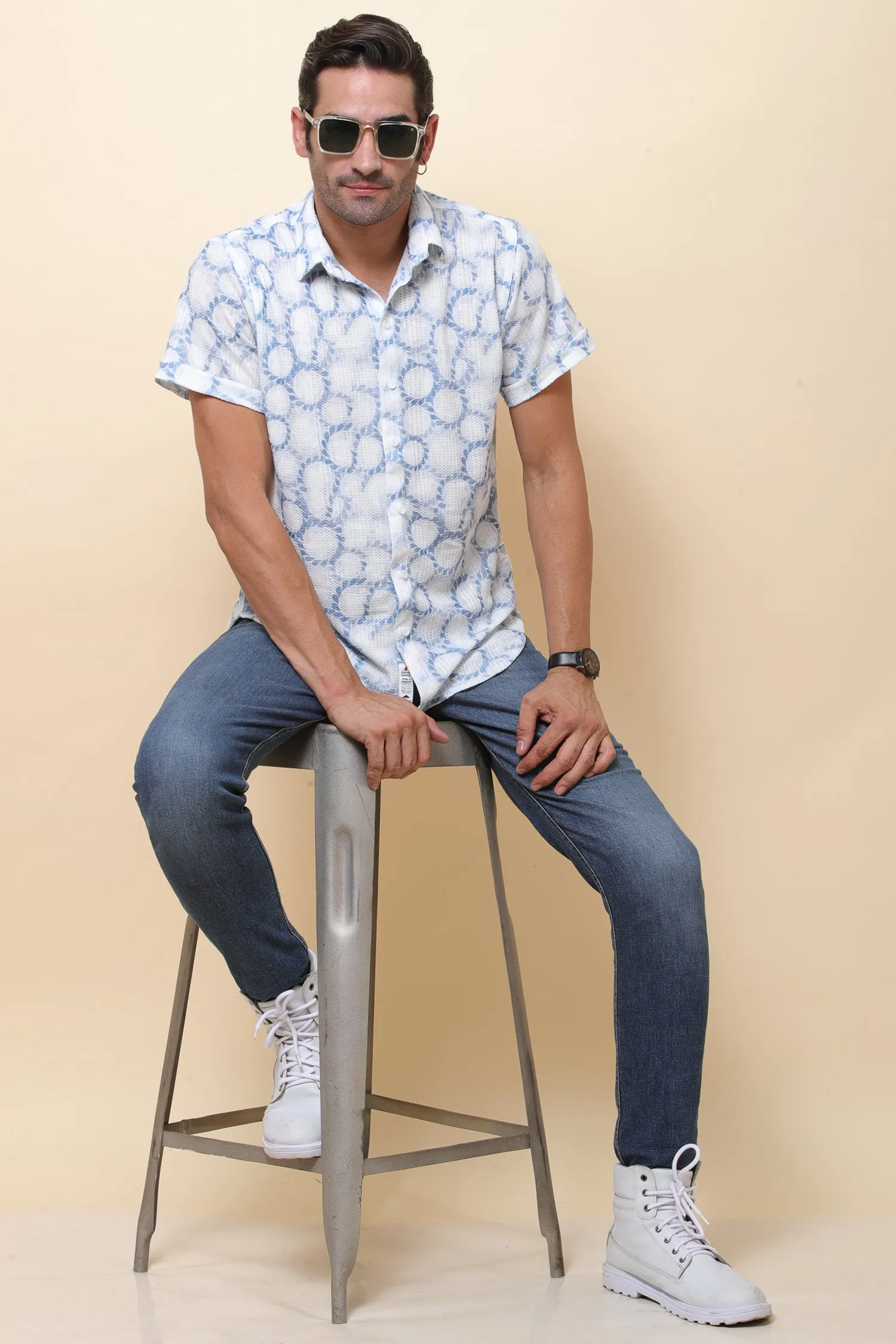 Mash Imported Knitting White & Blue Half Sleeve Shirt for Men
