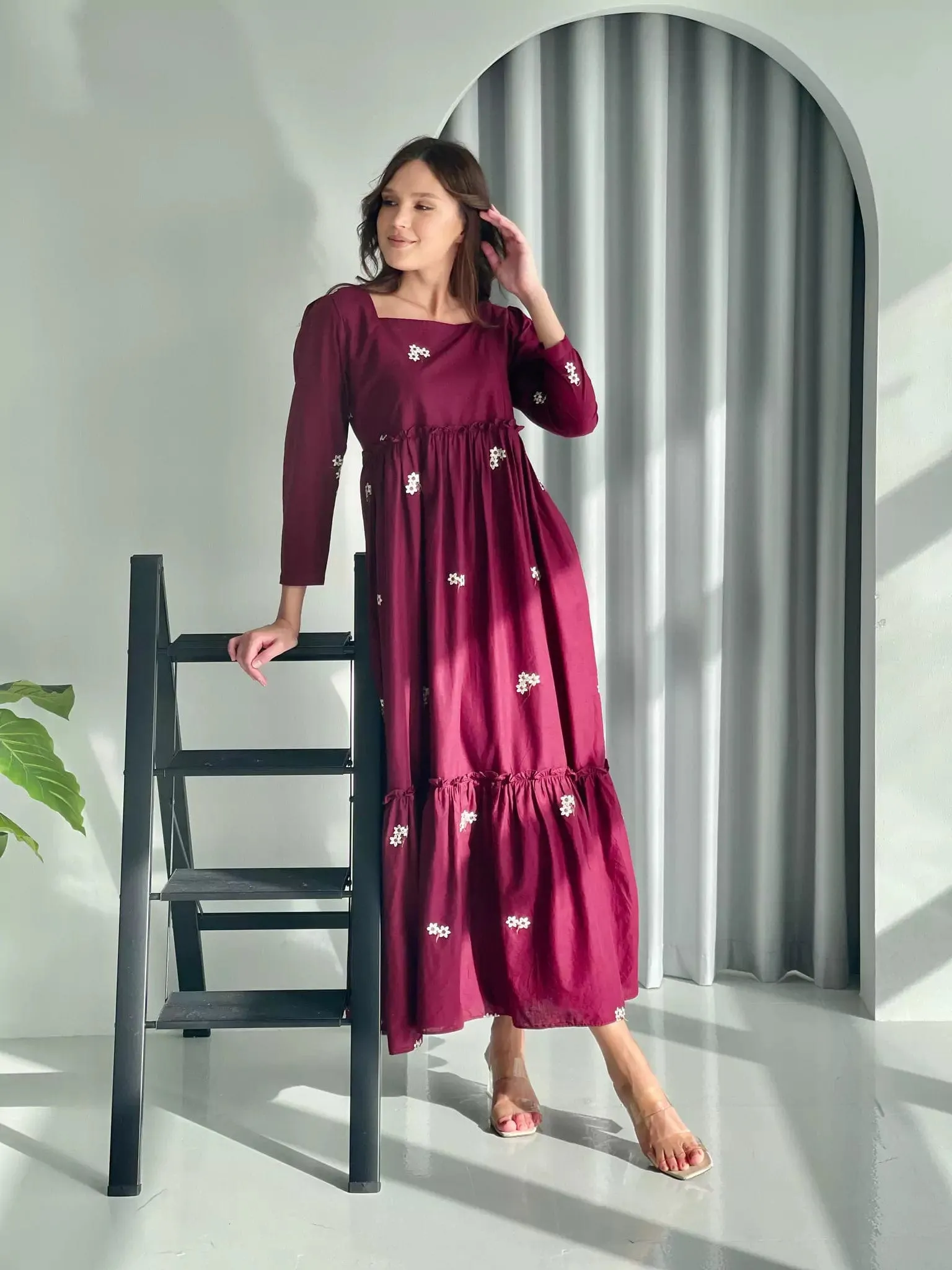 Nova Maroon Embroidered Dress