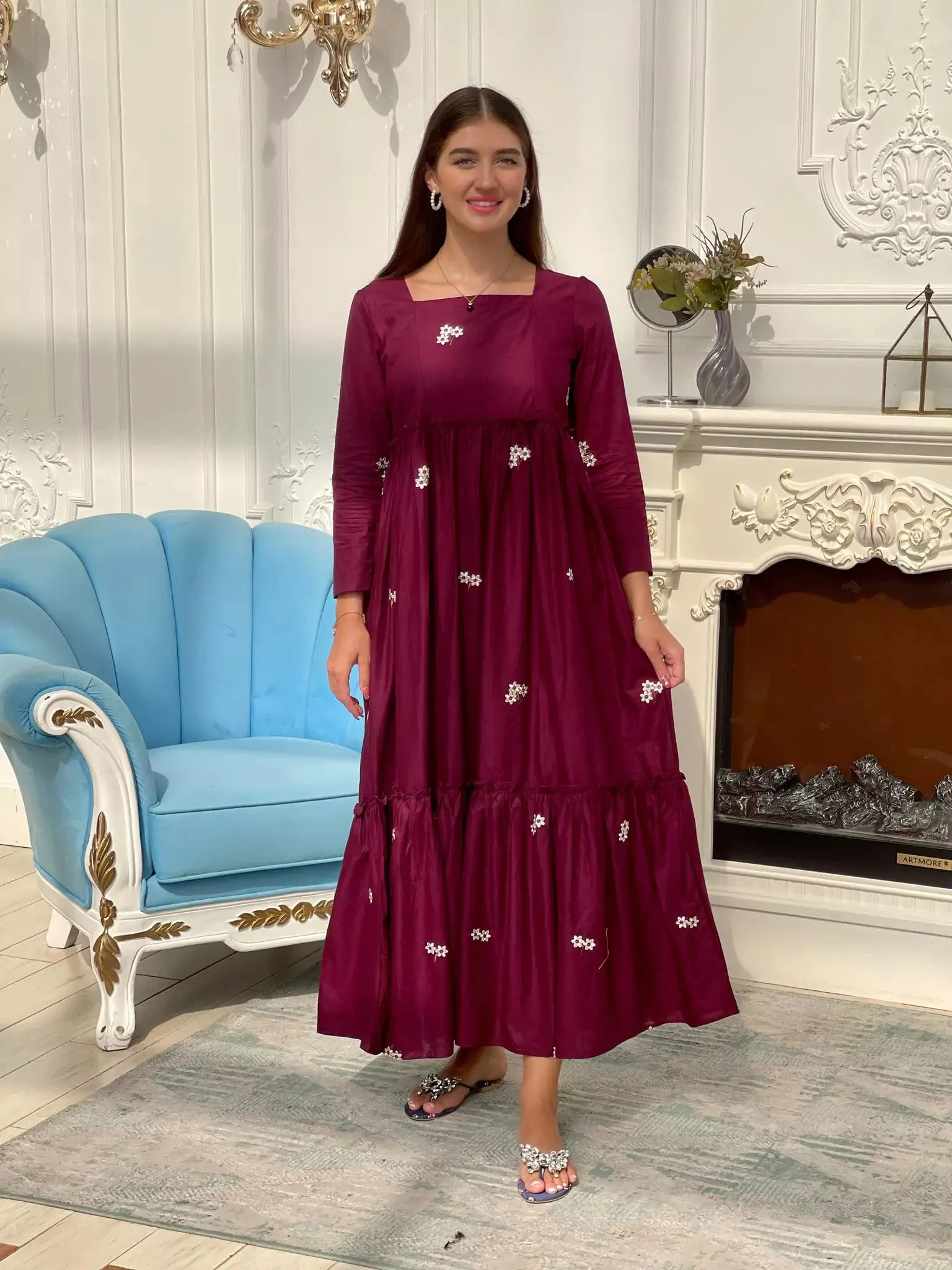 Nova Maroon Embroidered Dress