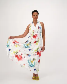 White Garden Print Halter Neck Long Dress
