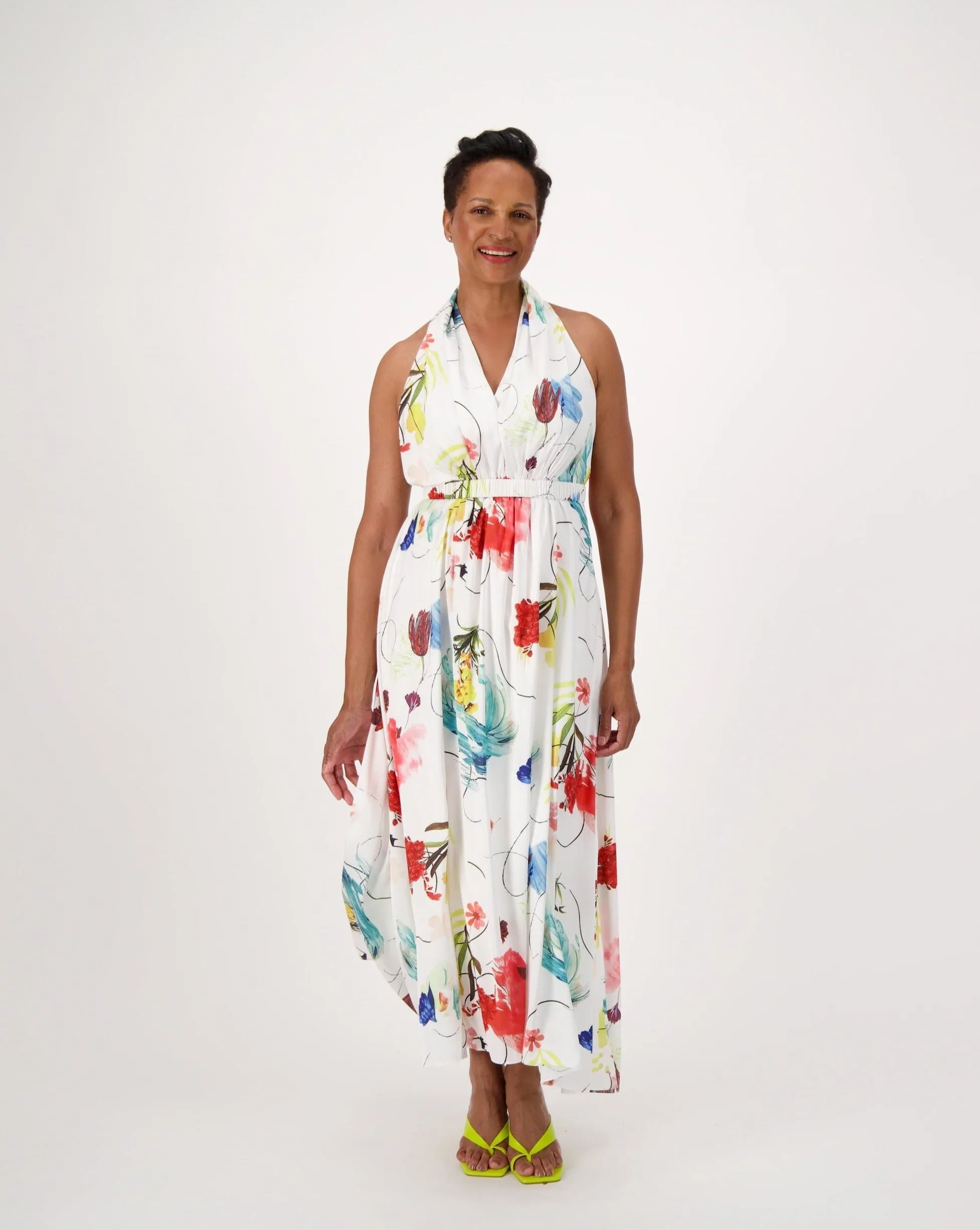 White Garden Print Halter Neck Long Dress
