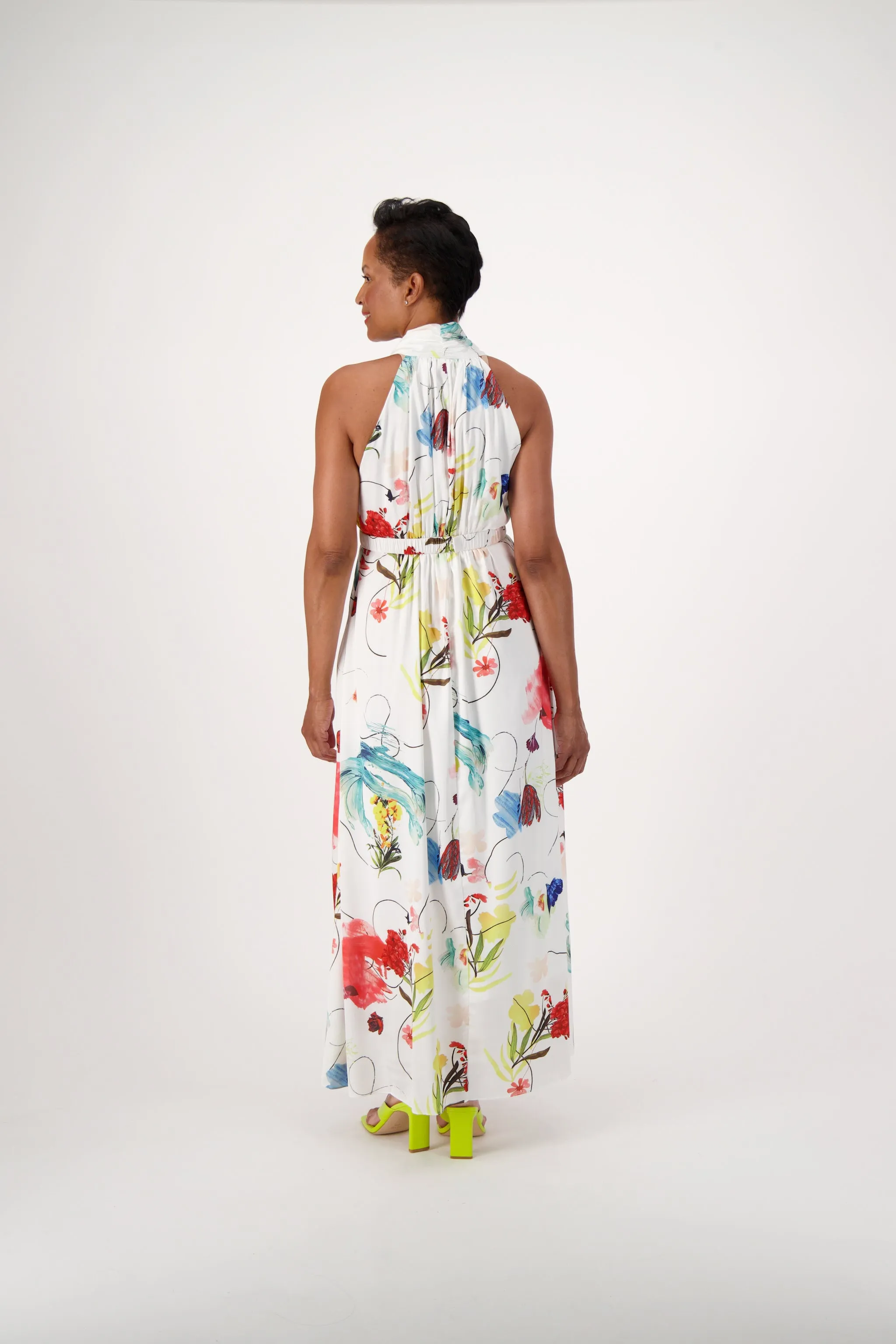 White Garden Print Halter Neck Long Dress