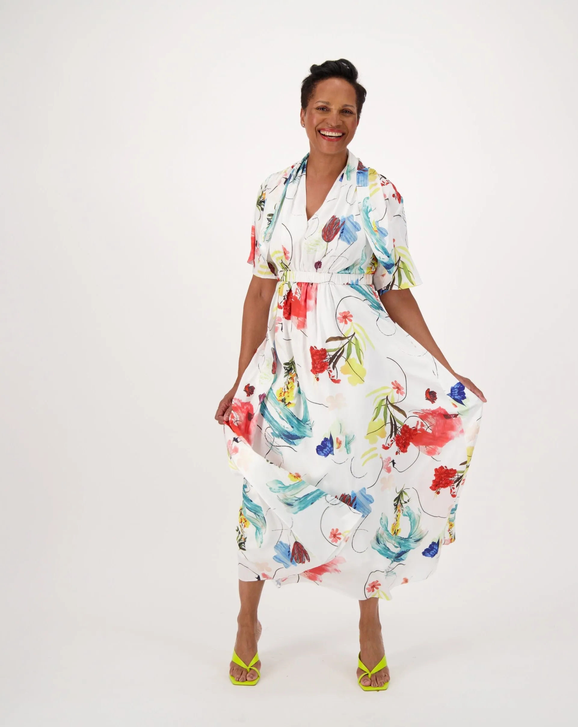 White Garden Print Halter Neck Long Dress